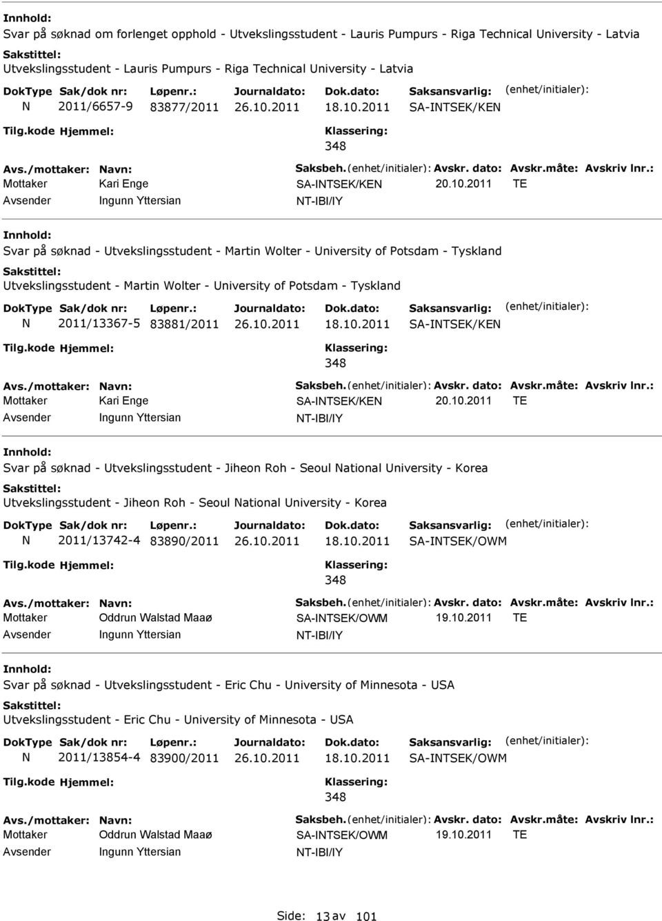 2011 SA-TSEK/KE Avs./mottaker: avn: Saksbeh. Avskr. dato: Avskr.måte: Avskriv lnr.: SA-TSEK/KE 20.10.