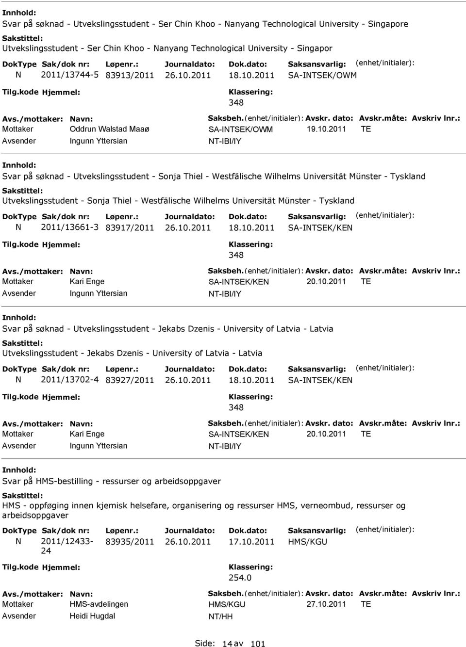 2011 SA-TSEK/OWM Avs./mottaker: avn: Saksbeh. Avskr. dato: Avskr.måte: Avskriv lnr.: Mottaker Oddrun Walstad Maaø SA-TSEK/OWM 19.10.