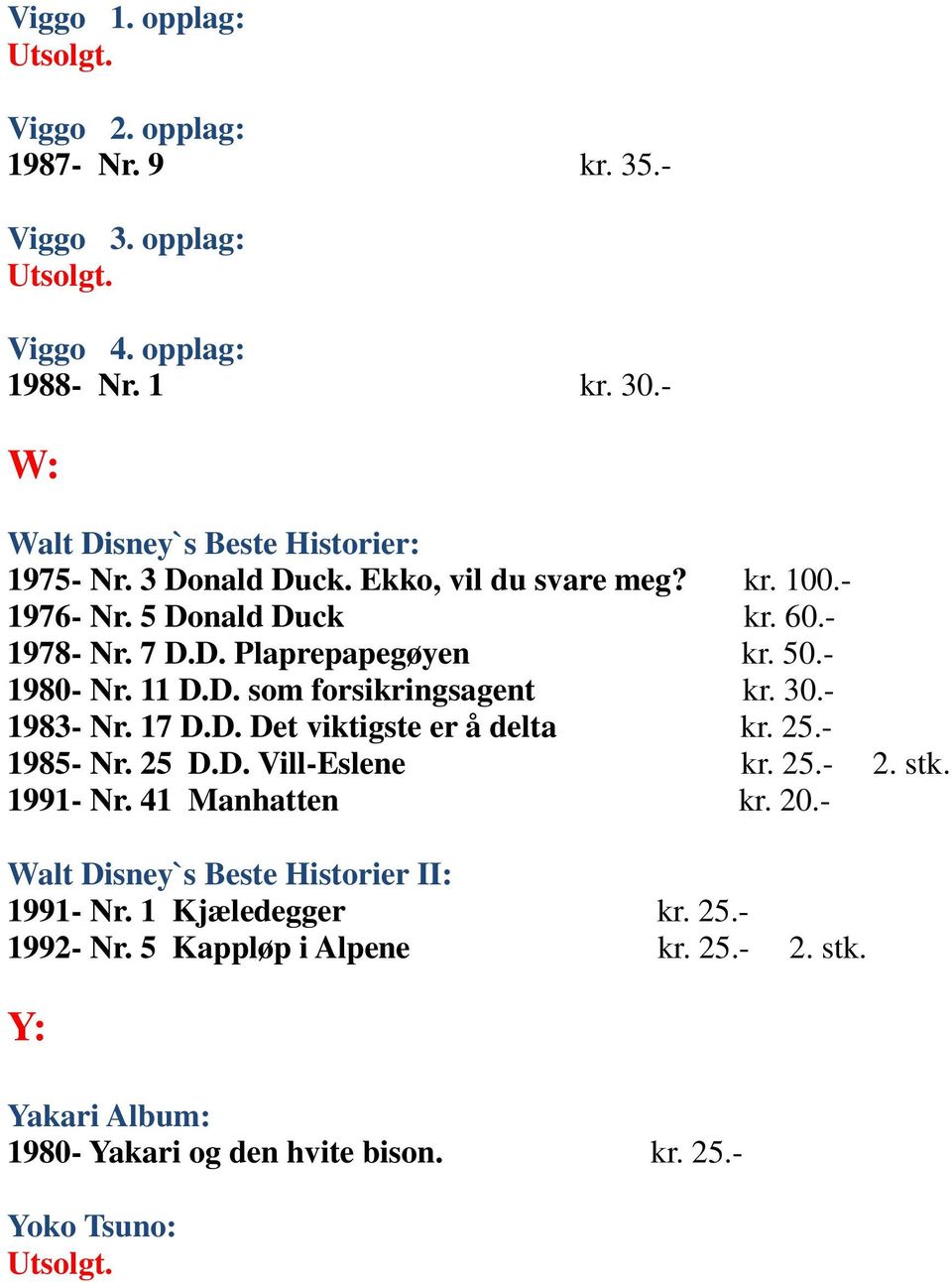 30.- 1983- Nr. 17 D.D. Det viktigste er å delta kr. 25.- 1985- Nr. 25 D.D. Vill-Eslene kr. 25.- 2. stk. 1991- Nr. 41 Manhatten kr. 20.