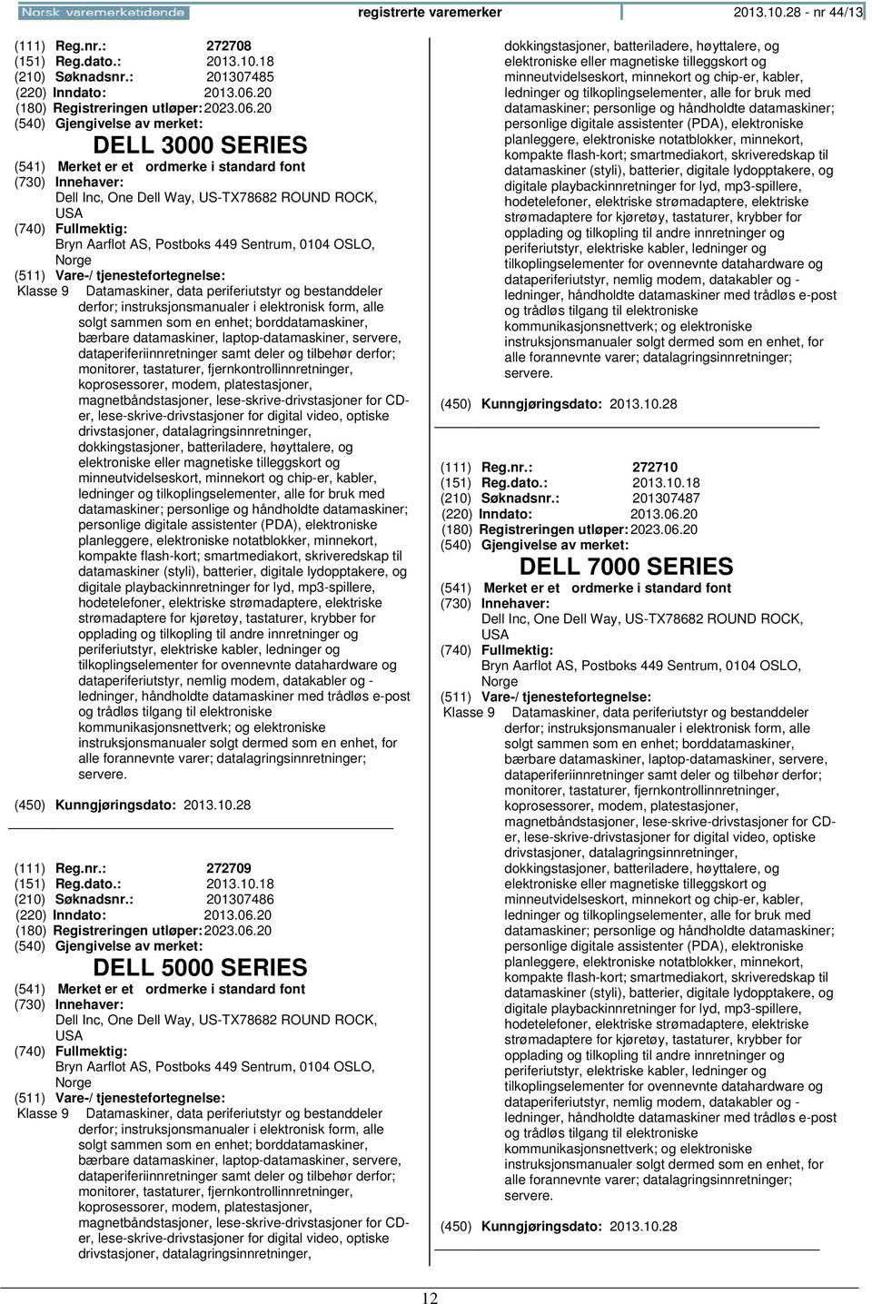 20 DELL 3000 SERIES Dell Inc, One Dell Way, US-TX78682 ROUND ROCK, USA Bryn Aarflot AS, Postboks 449 Sentrum, 0104 OSLO, Klasse 9 Datamaskiner, data periferiutstyr og bestanddeler derfor;