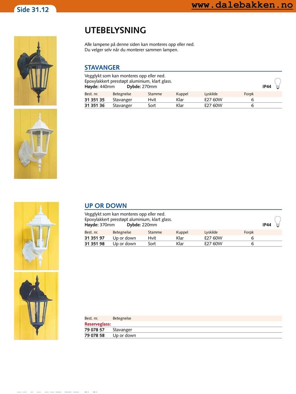 Høyde: 440mm Dybde: 270mm 31 351 35 Stavanger Hvit Klar E27 60W 6 31 351 36 Stavanger Sort Klar E27 60W 6 UP OR DOWN Vegglykt som kan