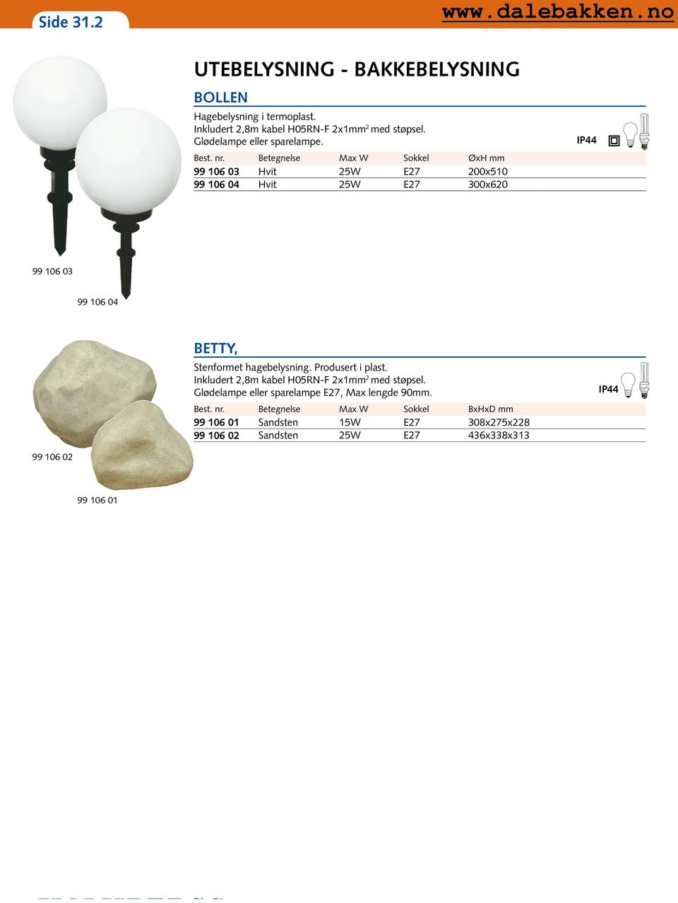 Max W Sokkel ØxH mm 99 106 03 Hvit 25W E27 200x510 99 106 04 Hvit 25W E27 300x620 99 106 03 99 106 04 BETTY, Stenformet