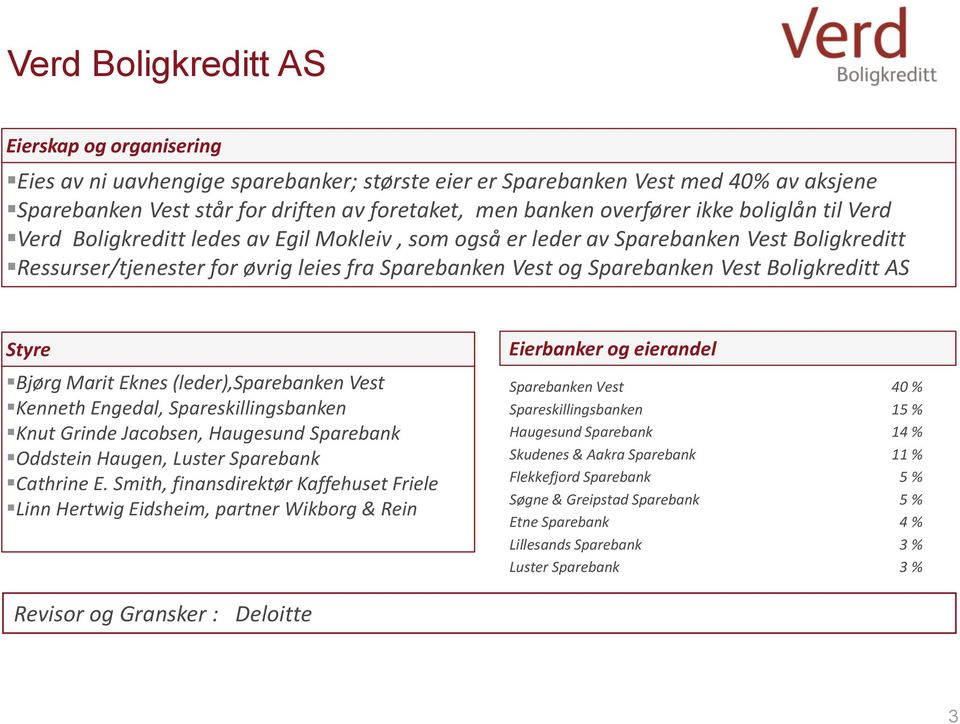 Vest Boligkreditt AS Styre Bjørg Marit Eknes (leder),sparebanken Vest Kenneth Engedal, Spareskillingsbanken Knut Grinde Jacobsen, Haugesund Sparebank Oddstein Haugen, Luster Sparebank Cathrine E.