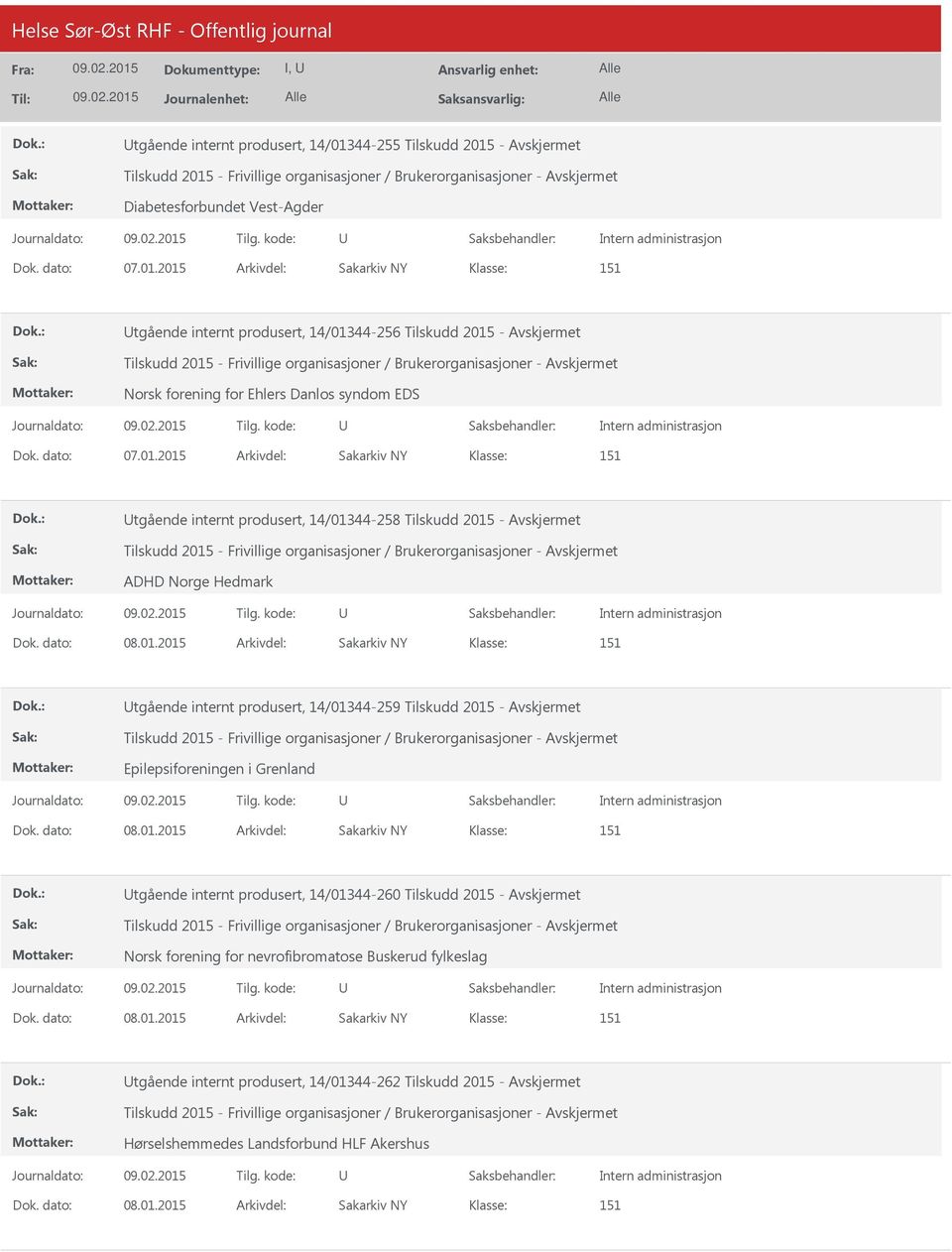 internt produsert, 14/01344-259 Tilskudd 2015 - Epilepsiforeningen i Grenland tgående internt produsert, 14/01344-260 Tilskudd 2015 - Norsk