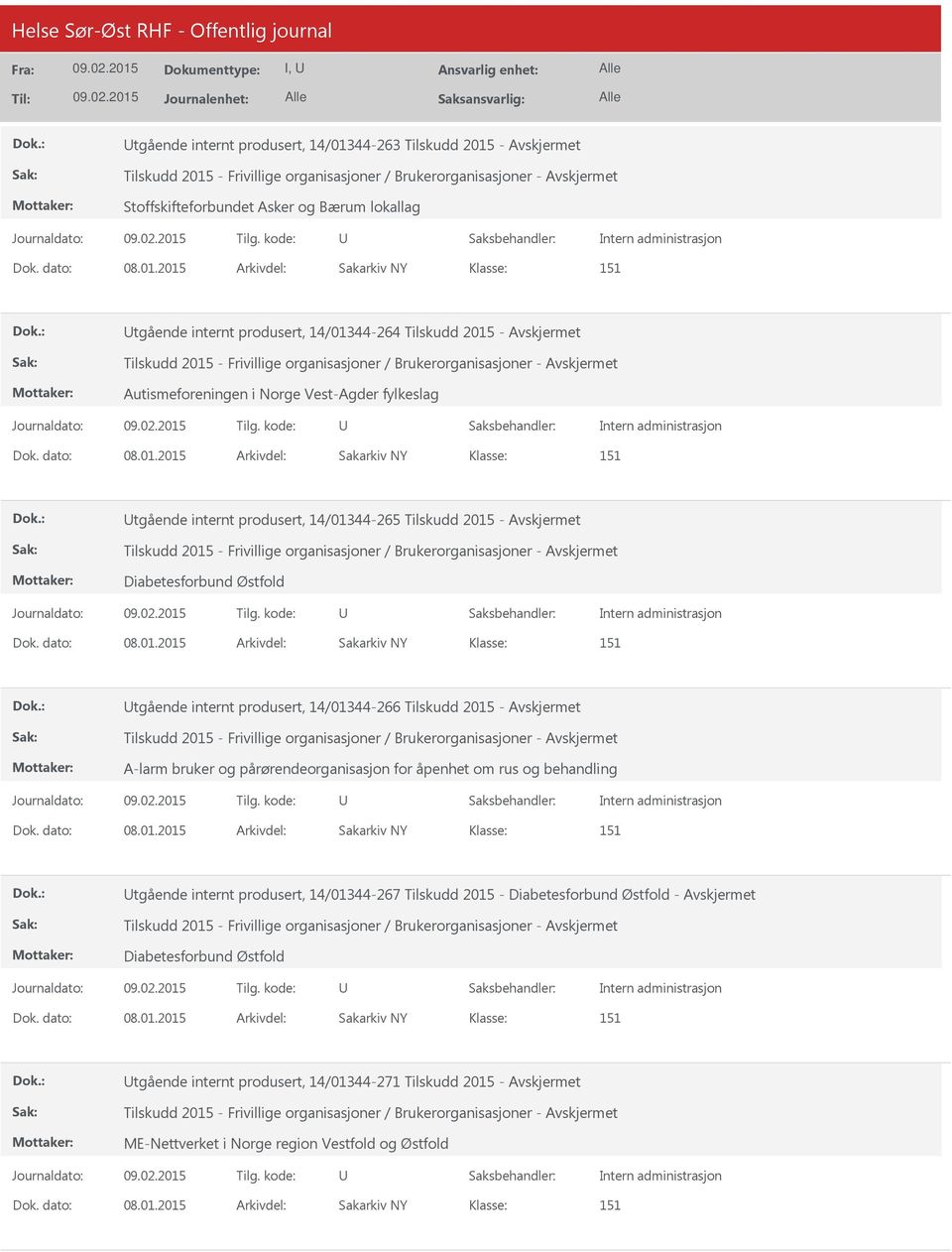 produsert, 14/01344-266 Tilskudd 2015 - A-larm bruker og pårørendeorganisasjon for åpenhet om rus og behandling tgående internt produsert, 14/01344-267