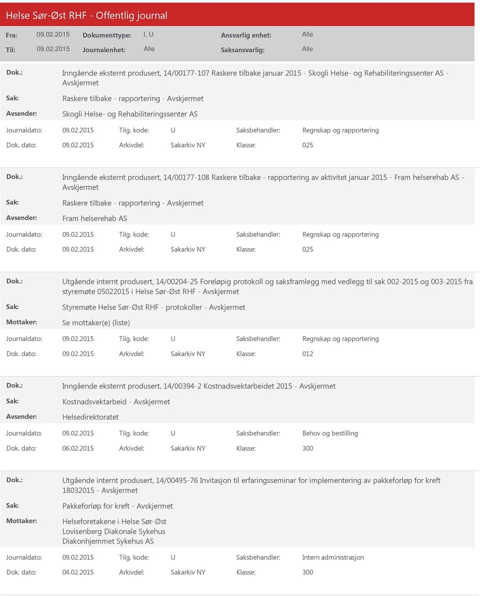 dato: Arkivdel: Sakarkiv NY Klasse: Inngående eksternt produsert, 14/00177-108 Raskere tilbake - rapportering av aktivitet januar 2015 - Fram helserehab AS - Raskere tilbake - rapportering - Fram