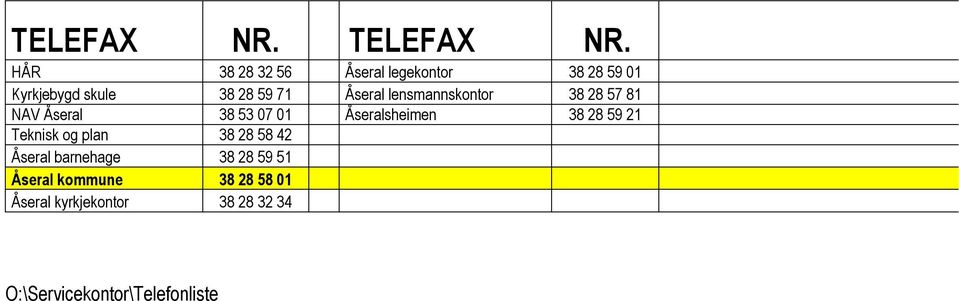 lensmannskontor 38 28 57 81 NAV Åseral 38 53 07 01 Åseralsheimen 38 28 59 21