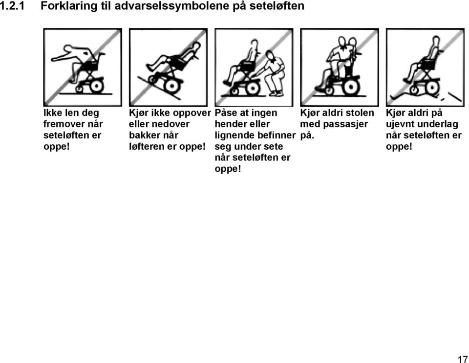 Påse at ingen hender eller lignende befinner seg under sete når seteløften er oppe!