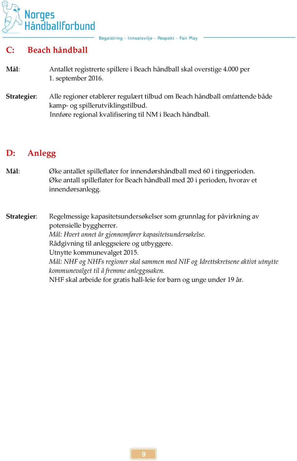D: Anlegg Mål: Øke antallet spilleflater for innendørshåndball med 60 i tingperioden. Øke antall spilleflater for Beach håndball med 20 i perioden, hvorav et innendørsanlegg.