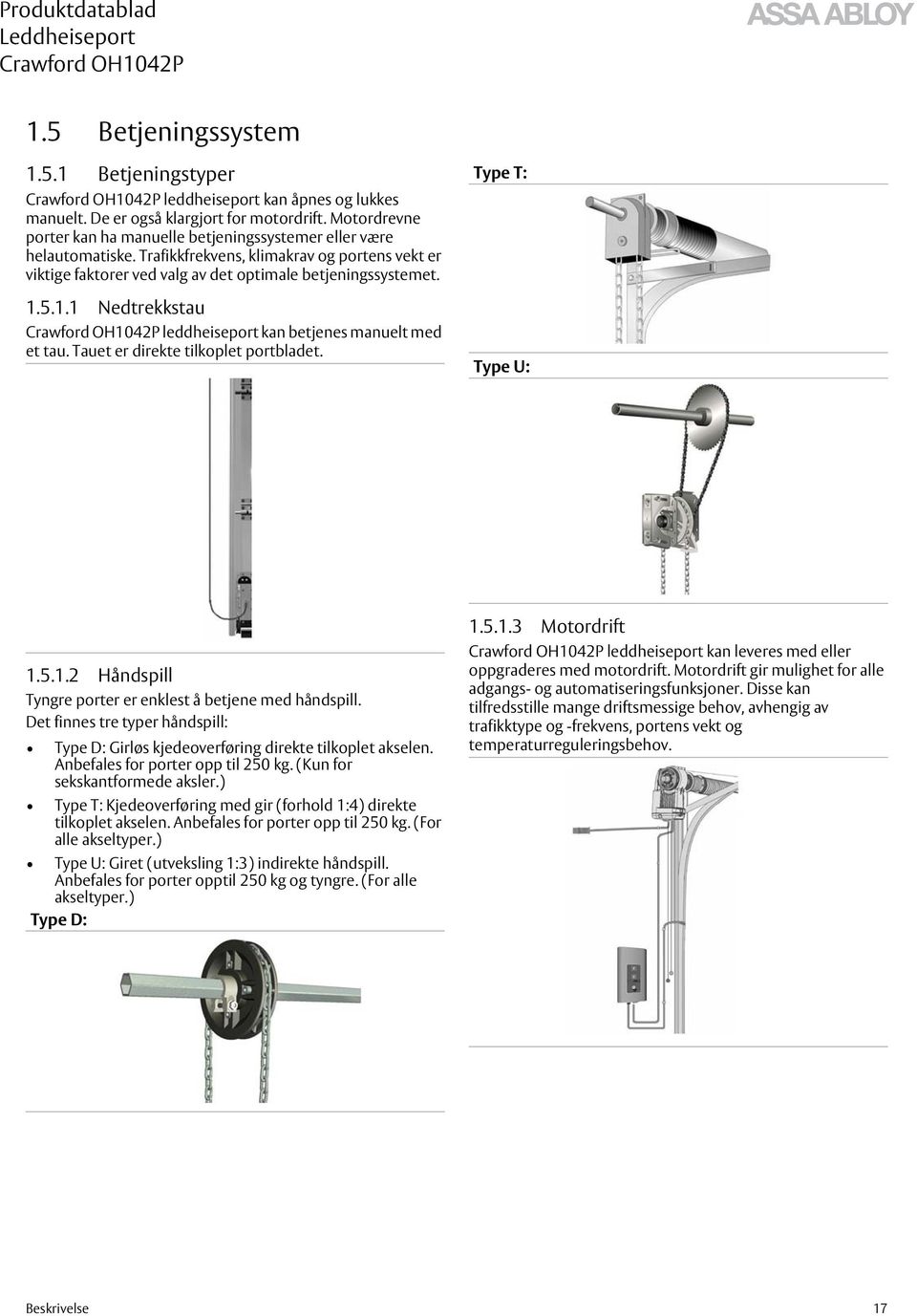 5.1.1 Nedtrekkstau leddheiseport kan betjenes manuelt med et tau. Tauet er direkte tilkoplet portbladet. Type T: Type U: 1.5.1.2 Håndspill Tyngre porter er enklest å betjene med håndspill.