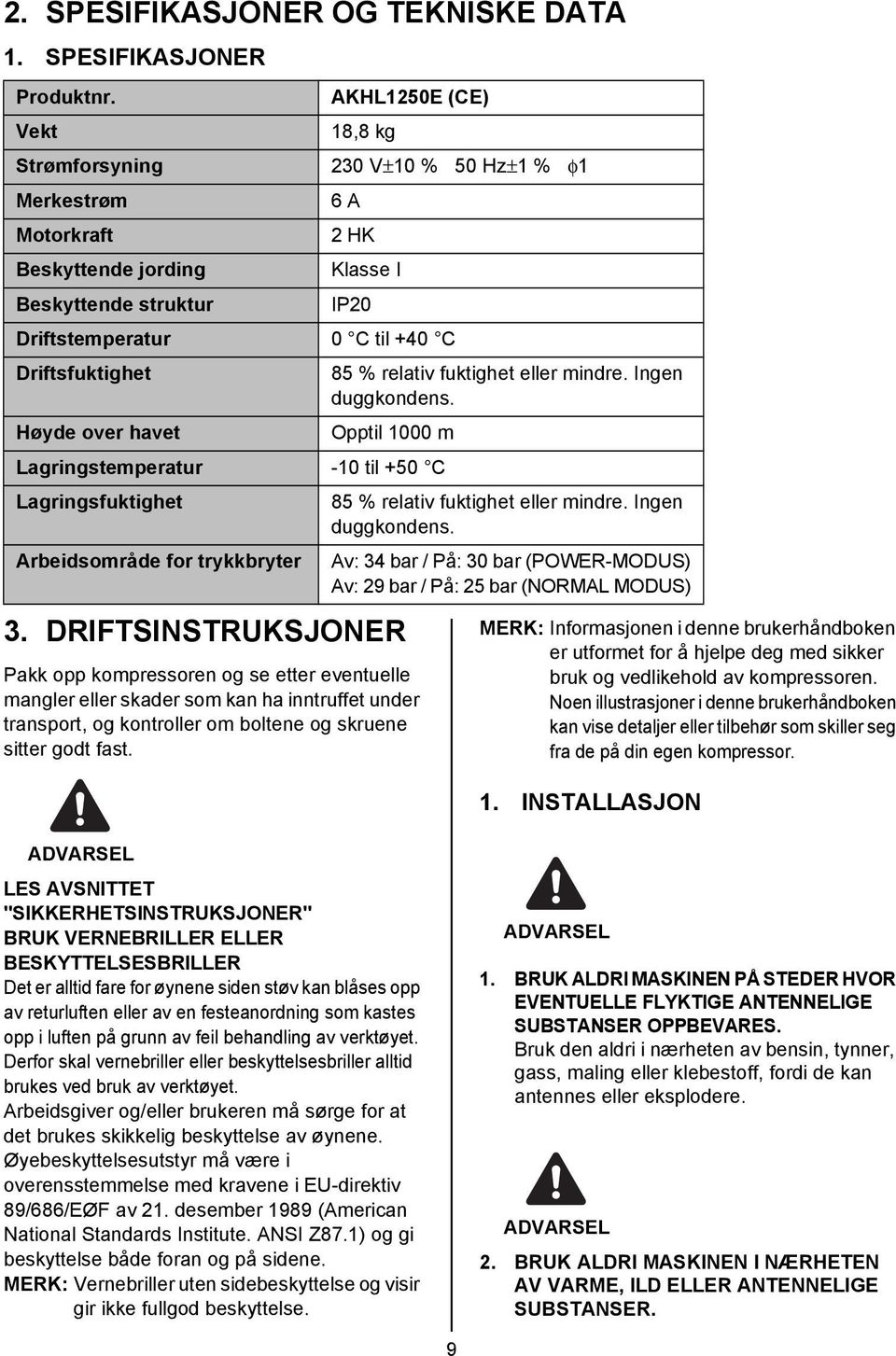 fast. 230 V±10 % 50 Hz±1 % φ1 6 A 2 HK Klasse I IP20 Driftstemperatur 0 C til +40 C Driftsfuktighet Høyde over havet 85 % relativ fuktighet eller mindre. Ingen duggkondens.