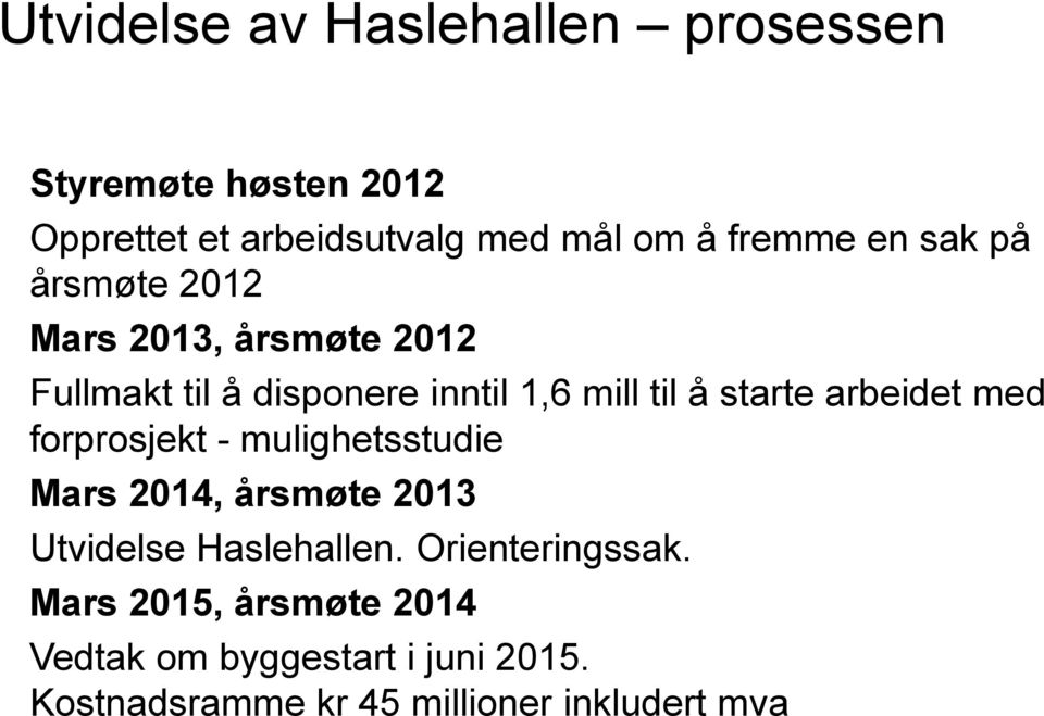 arbeidet med forprosjekt - mulighetsstudie Mars 2014, årsmøte 2013 Utvidelse Haslehallen.