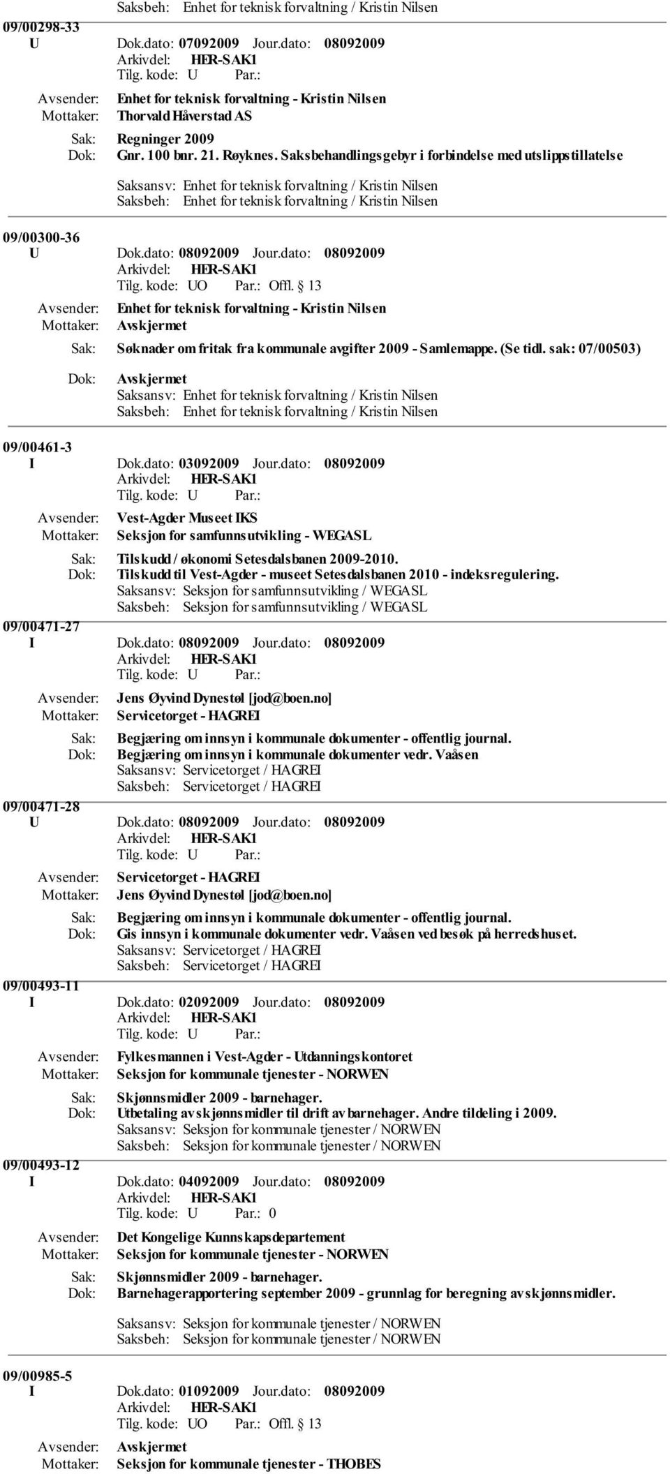 (Se tidl. sak: 07/00503) 09/00461-3 I Dok.dato: 03092009 Jour.dato: Vest-Agder Museet IKS Seksjon for samfunnsutvikling - WEGASL Tilskudd / økonomi Setesdalsbanen 2009-2010.