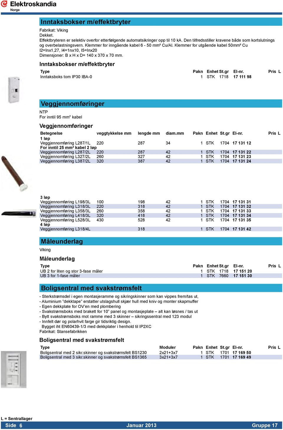 Klemmer for utgående kabel 50mm² Cu I2=Inx1,27, I4=1nx10, I5=Inx20 Dimensjoner: B x H x D= 140 x 370 x 70 mm. Inntaksbokser m/effektbryter Type Pakn Enhet St.gr El-nr.