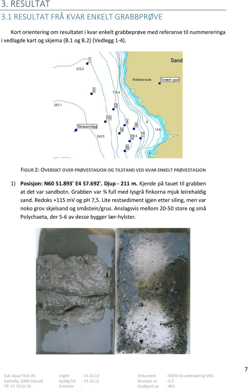 1 og B.2) (Vedlegg 1-4). FIGUR 2: OVERSIKT OVER PRØVESTASJON OG TILSTAND VED KVAR ENKELT PRØVESTASJON 1) Posisjon: N60 51.893' E4 57.692'. Djup - 211 m.