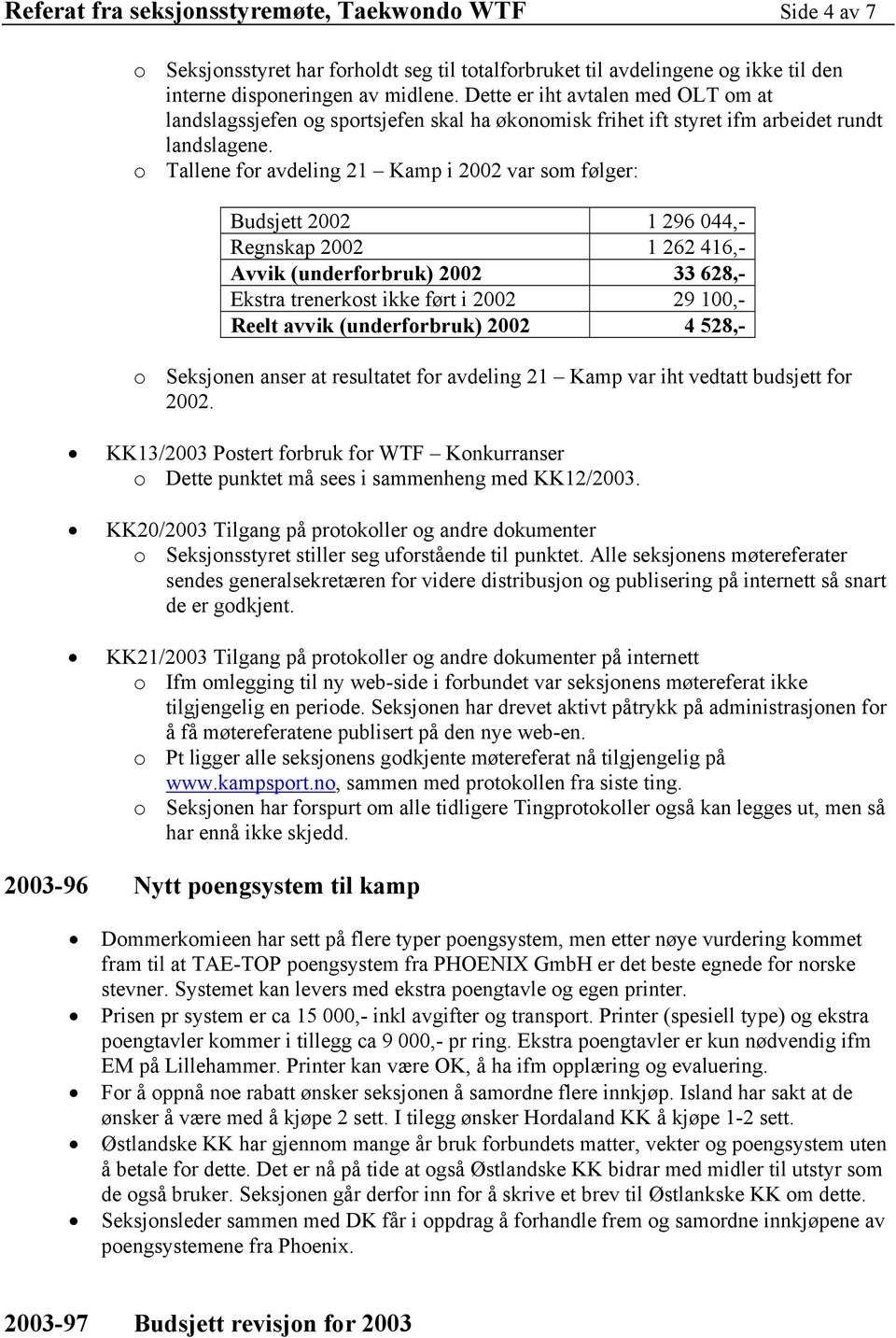 o Tallene for avdeling 21 Kamp i 2002 var som følger: Budsjett 2002 1 296 044,- Regnskap 2002 1 262 416,- Avvik (underforbruk) 2002 33 628,- Ekstra trenerkost ikke ført i 2002 29 100,- Reelt avvik