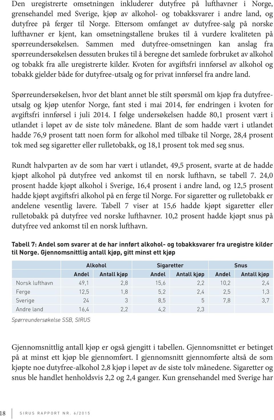 Sammen med dutyfree-omsetningen kan anslag fra spørreundersøkelsen dessuten brukes til å beregne det samlede forbruket av alkohol og tobakk fra alle uregistrerte kilder.