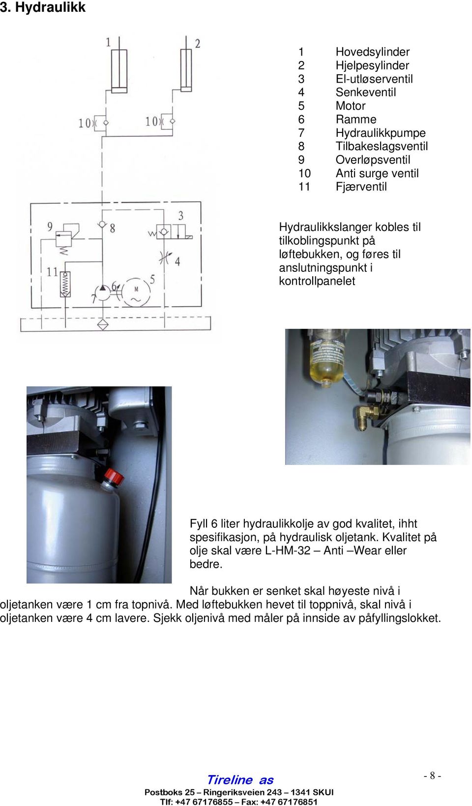 av god kvalitet, ihht spesifikasjon, på hydraulisk oljetank. Kvalitet på olje skal være L-HM-32 Anti Wear eller bedre.