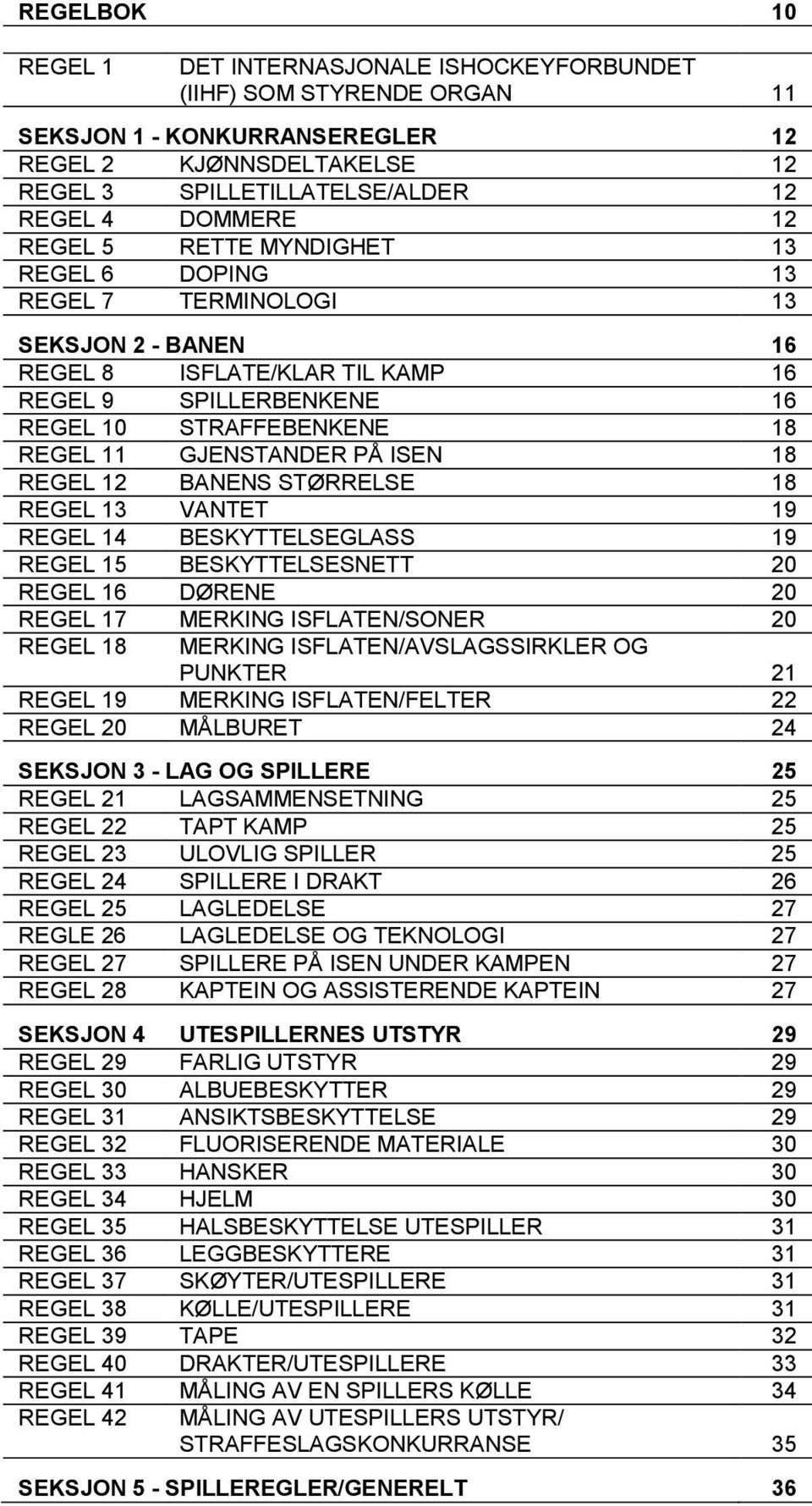 ISEN 18 REGEL 12 BANENS STØRRELSE 18 REGEL 13 VANTET 19 REGEL 14 BESKYTTELSEGLASS 19 REGEL 15 BESKYTTELSESNETT 20 REGEL 16 DØRENE 20 REGEL 17 MERKING ISFLATEN/SONER 20 REGEL 18 MERKING