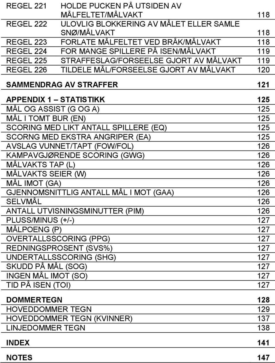 ASSIST (G OG A) 125 MÅL I TOMT BUR (EN) 125 SCORING MED LIKT ANTALL SPILLERE (EQ) 125 SCORNG MED EKSTRA ANGRIPER (EA) 125 AVSLAG VUNNET/TAPT (FOW/FOL) 126 KAMPAVGJØRENDE SCORING (GWG) 126 MÅLVAKTS