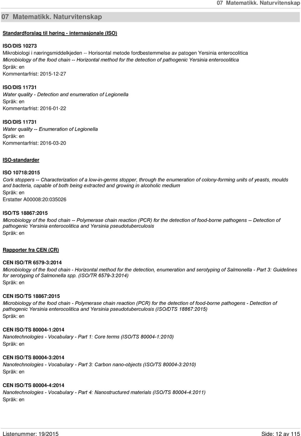 of the food chain -- Horizontal method for the detection of pathogenic Yersinia enterocolitica Kommentarfrist: 2015-12-27 ISO/DIS 11731 Water quality - Detection and enumeration of Legionella