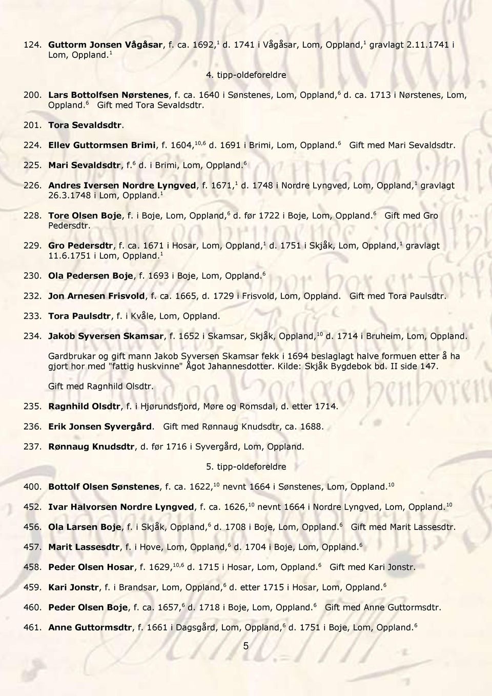 Mari Sevaldsdtr, f. 6 d. i Brimi, Lom, Oppland. 6 226. Andres Iversen Nordre Lyngved, f. 1671, 1 d. 1748 i Nordre Lyngved, Lom, Oppland, 1 gravlagt 26.3.1748 i Lom, Oppland. 1 228. Tore Olsen Boje, f.