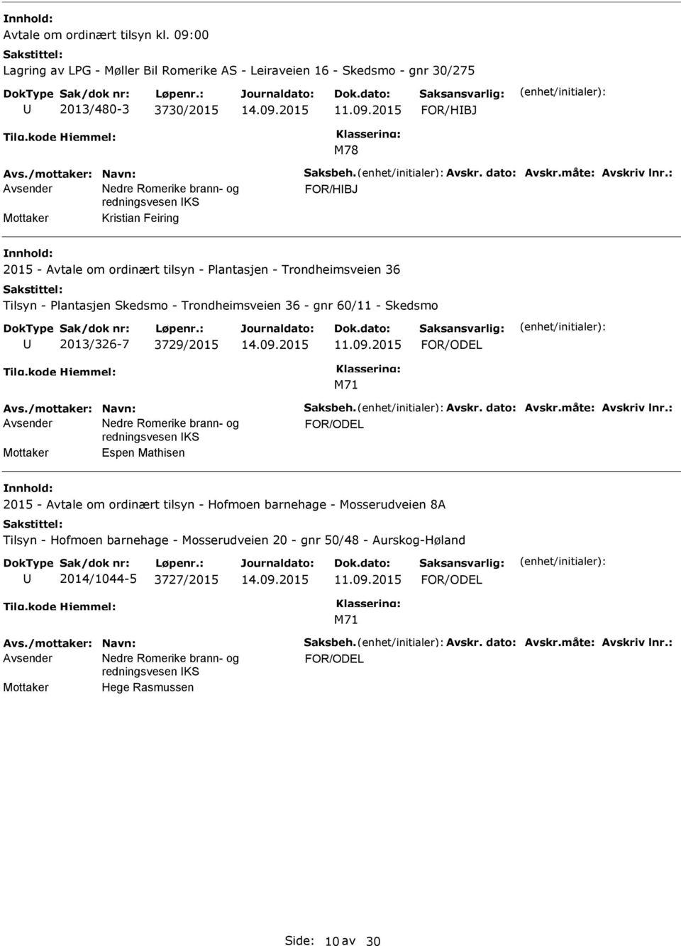 : FOR/HBJ Mottaker Kristian Feiring 2015 - Avtale om ordinært tilsyn - Plantasjen - Trondheimsveien 36 Tilsyn - Plantasjen Skedsmo - Trondheimsveien 36 - gnr 60/11 - Skedsmo 2013/326-7 3729/2015 11.