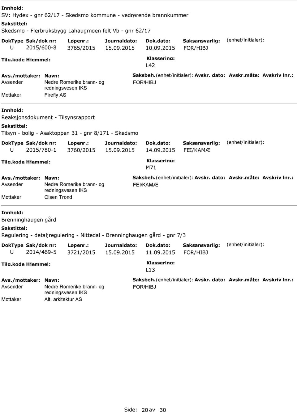 : FOR/HBJ Mottaker Firefly AS Reaksjonsdokument - Tilsynsrapport Tilsyn - bolig - Asaktoppen 31 - gnr 8/171 - Skedsmo 2015/780-1 3760/2015 FE/KAMÆ Avs.