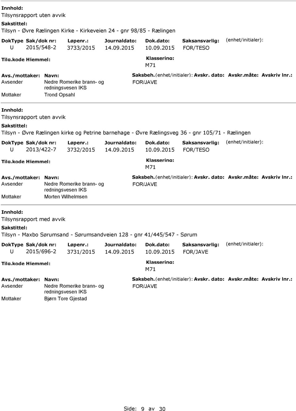 : Mottaker Trond Opsahl Tilsynsrapport uten avvik Tilsyn - Øvre Rælingen kirke og Petrine barnehage - Øvre Rælingsveg 36 - gnr 105/71 - Rælingen 2013/422-7 3732/2015 10.09.