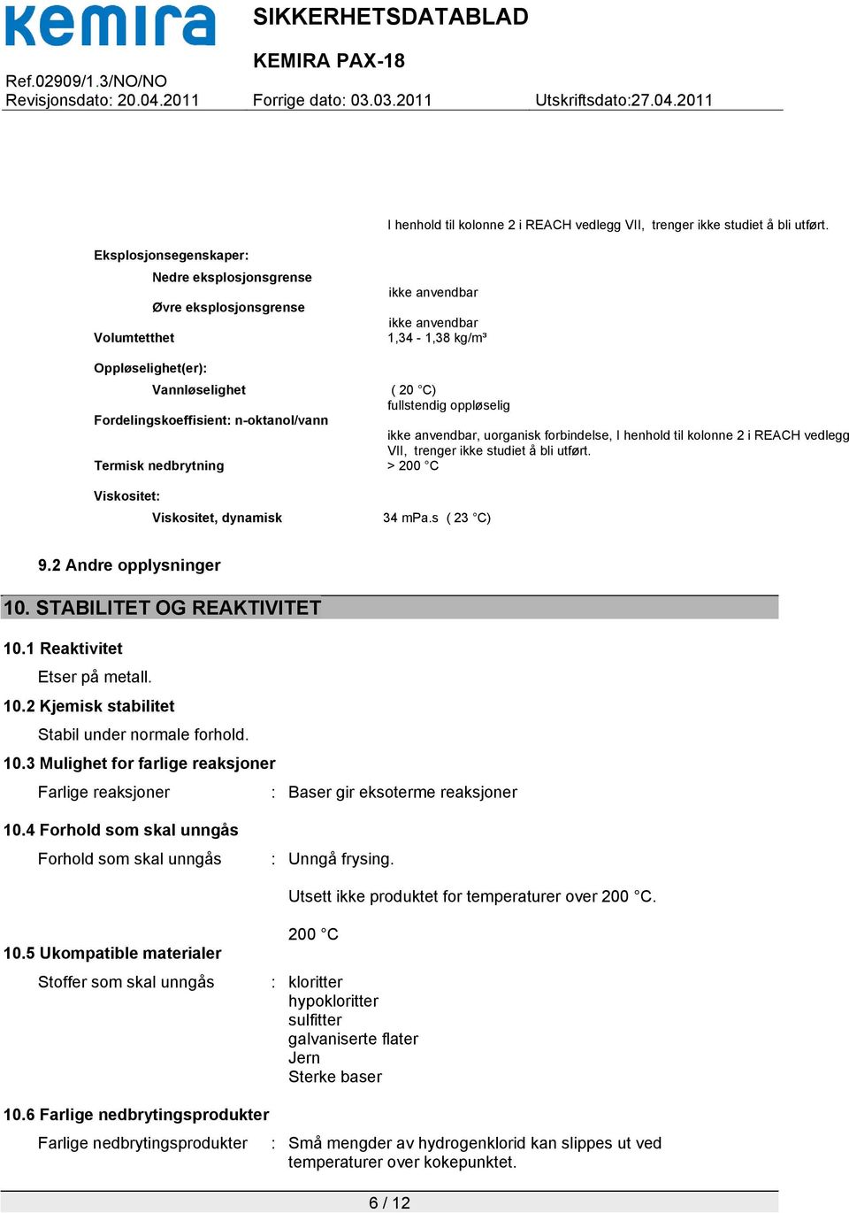 Fordelingskoeffisient: n-oktanol/vann ikke anvendbar, uorganisk forbindelse,  Termisk nedbrytning > 200 C Viskositet: Viskositet, dynamisk 34 mpa.s ( 23 C) 9.2 Andre opplysninger 10.