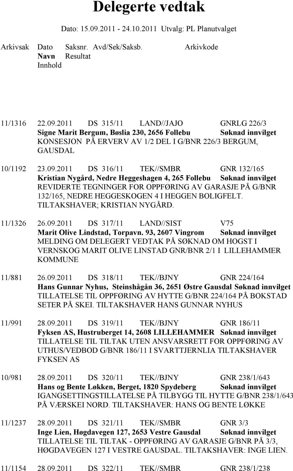 2011 DS 316/11 TEK//SMBR GNR 132/165 Kristian Nygård, Nedre Heggeshagen 4, 265 Follebu REVIDERTE TEGNINGER FOR OPPFØRING AV GARASJE PÅ G/BNR 132/165, NEDRE HEGGESKOGEN 4 I HEGGEN BOLIGFELT.