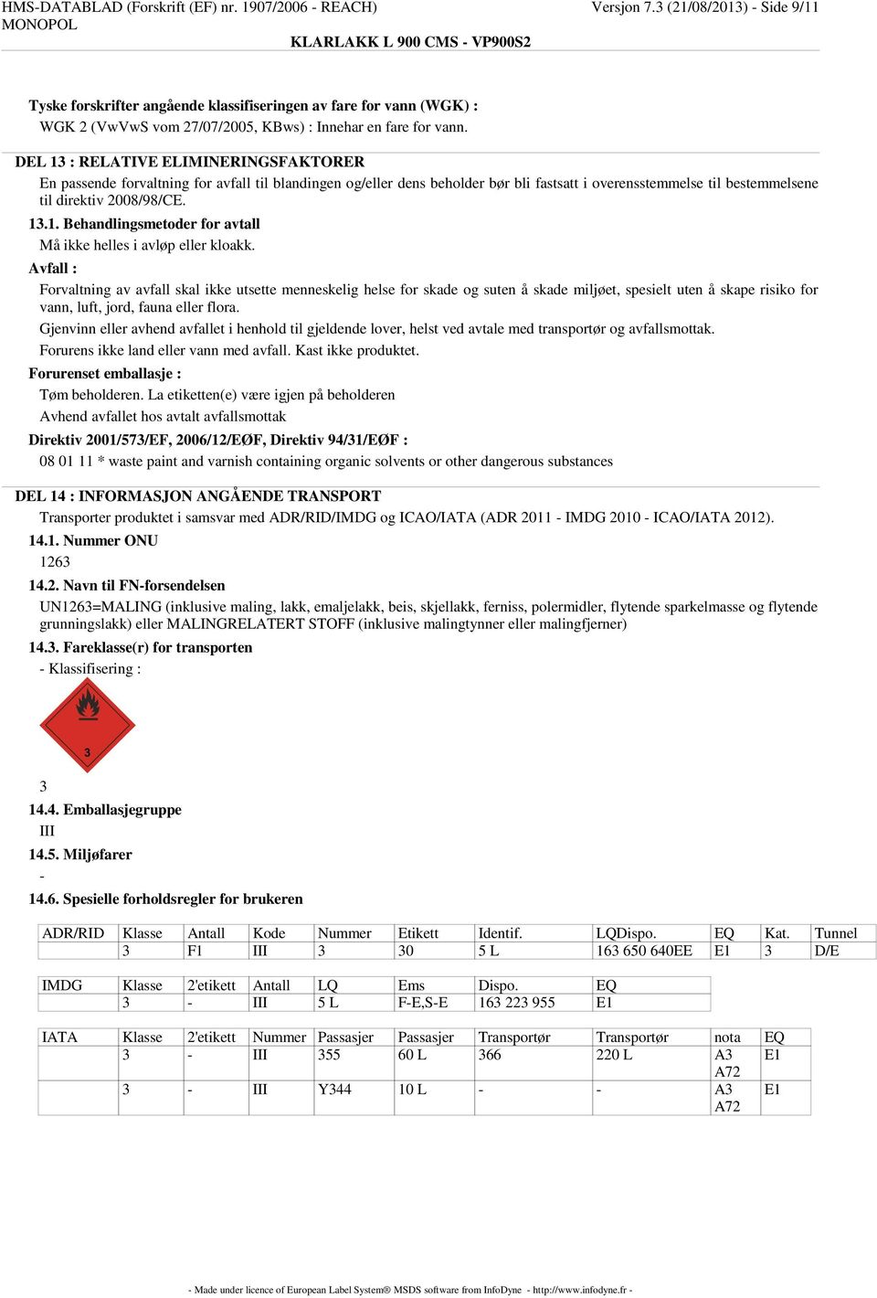 DEL 13 : RELATIVE ELIMINERINGSFAKTORER En passende forvaltning for avfall til blandingen og/eller dens beholder bør bli fastsatt i overensstemmelse til bestemmelsene til direktiv 2008/98/CE. 13.1. Behandlingsmetoder for avtall Må ikke helles i avløp eller kloakk.