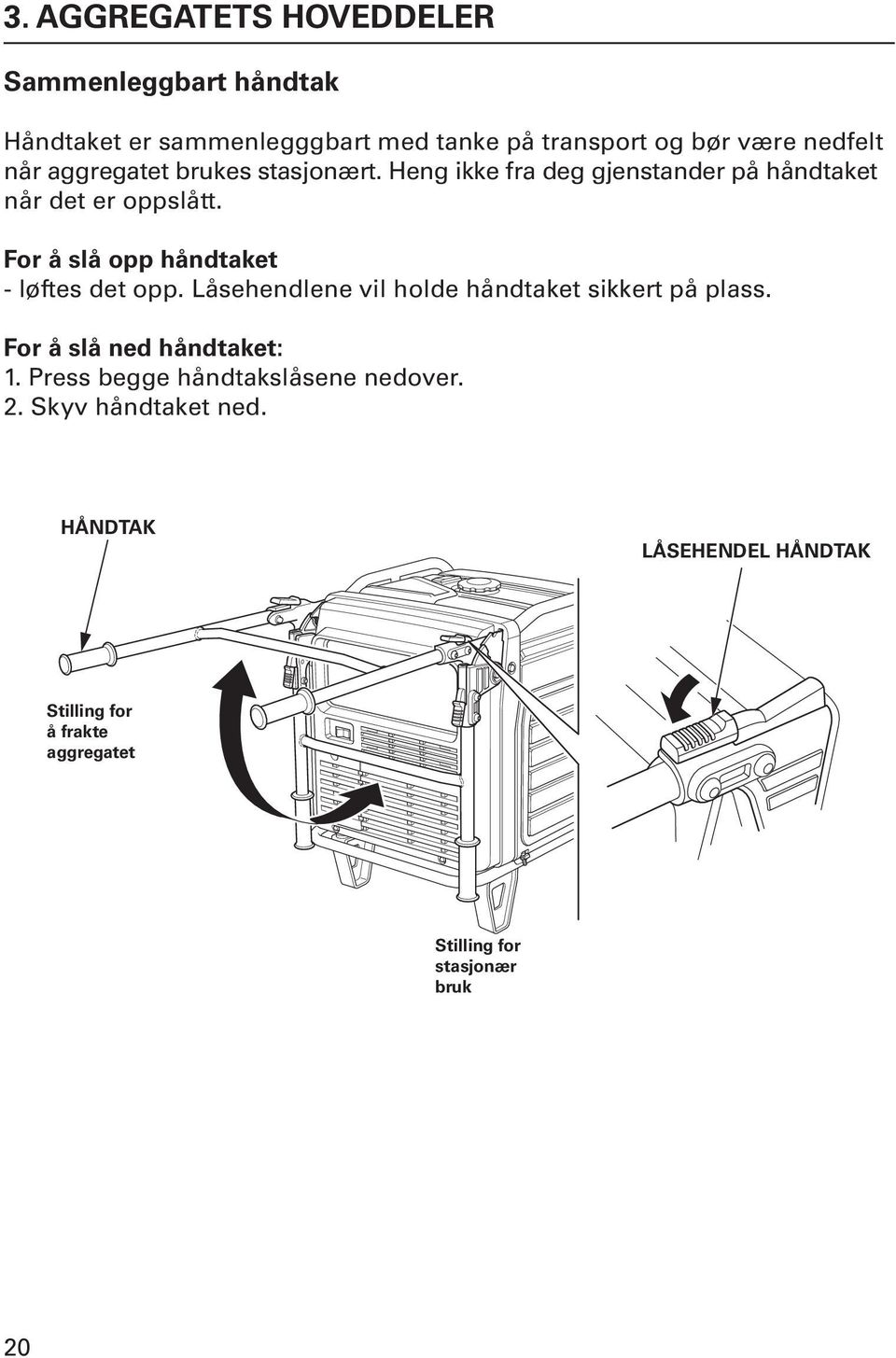 For å slå opp håndtaket - løftes det opp. Låsehendlene vil holde håndtaket sikkert på plass. For å slå ned håndtaket: 1.