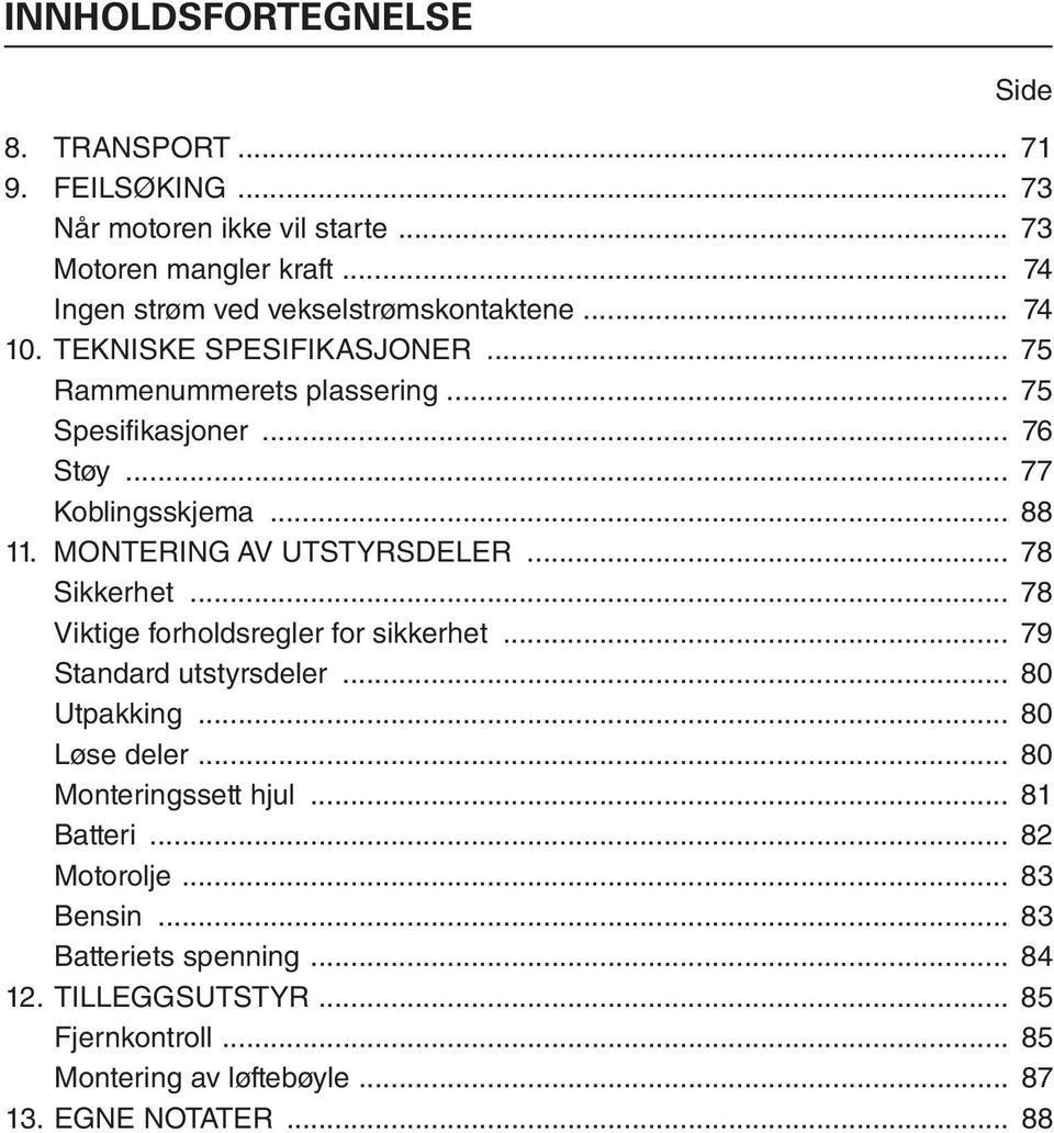 .. 77 Koblingsskjema... 88 11. MONTERING AV UTSTYRSDELER... 78 Sikkerhet... 78 Viktige forholdsregler for sikkerhet... 79 Standard utstyrsdeler... 80 Utpakking.