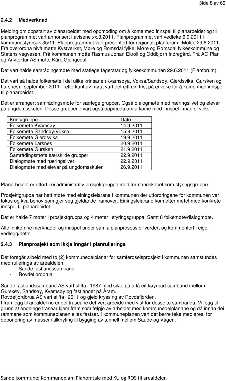 Frå kommunen møtte Rasmus Johan Ekroll og Oddbjørn Indregård. Frå AG Plan og Arkitektur AS møtte Kåre Gjengedal. Det vart halde samrådingsmøte med statlege fagetatar og fylkeskommunen 29.6.