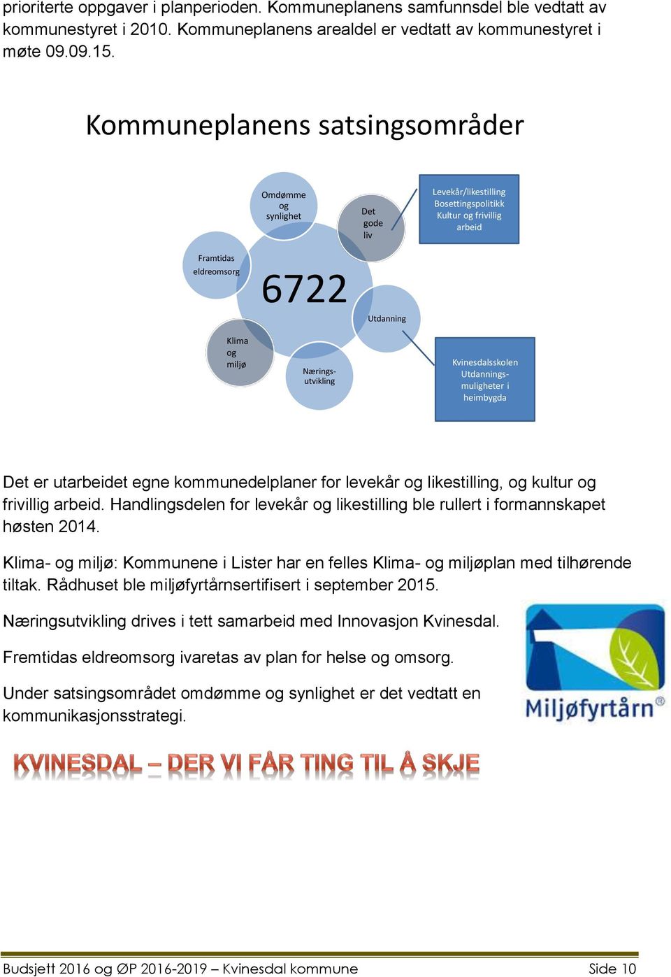 Næringsutvikling Kvinesdalsskolen Utdanningsmuligheter i heimbygda Det er utarbeidet egne kommunedelplaner for levekår og likestilling, og kultur og frivillig arbeid.