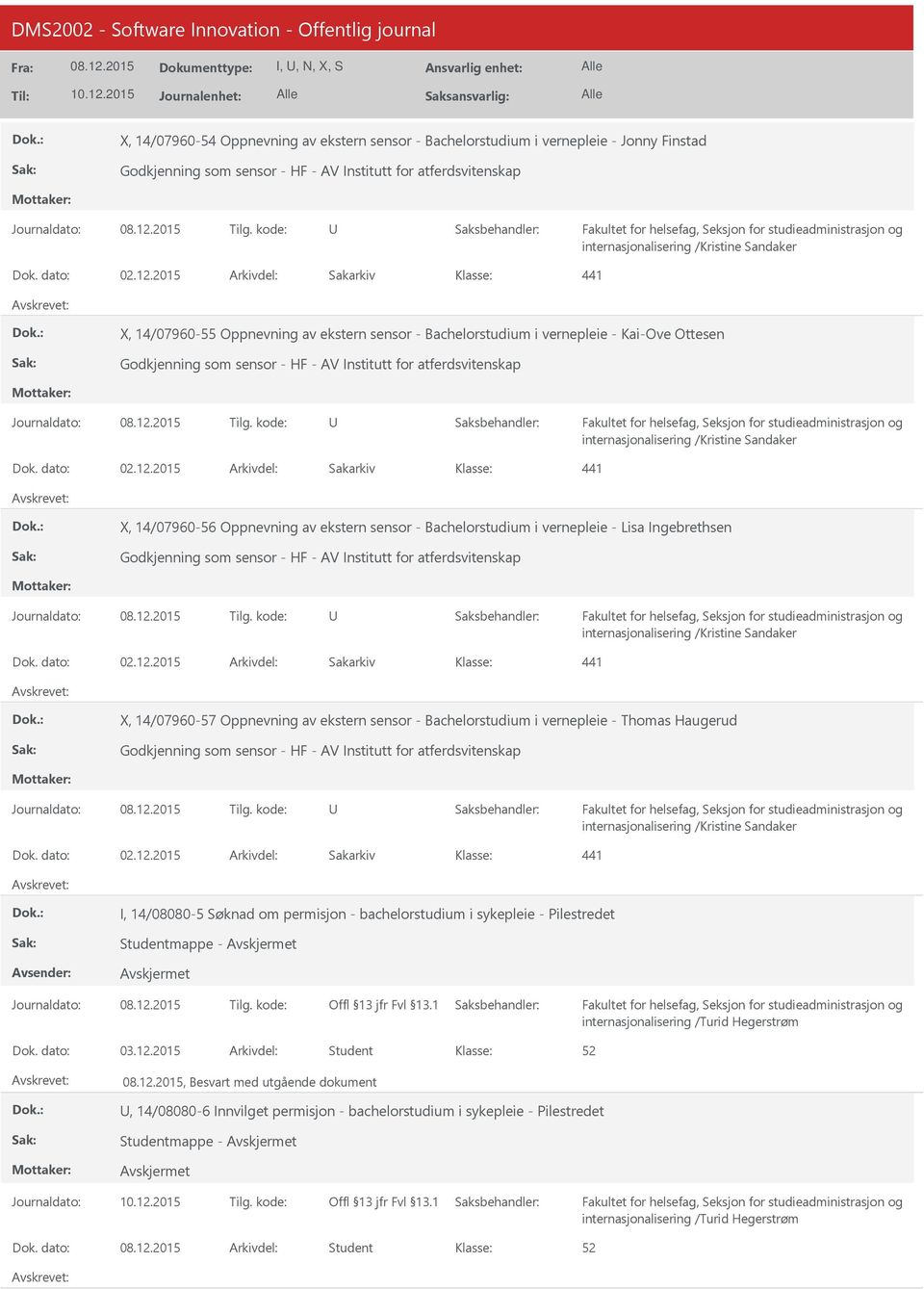 2015 Arkivdel: Sakarkiv 441 X, 14/07960-55 Oppnevning av ekstern sensor - Bachelorstudium i vernepleie - Kai-Ove Ottesen Godkjenning som sensor - HF - AV Institutt for atferdsvitenskap