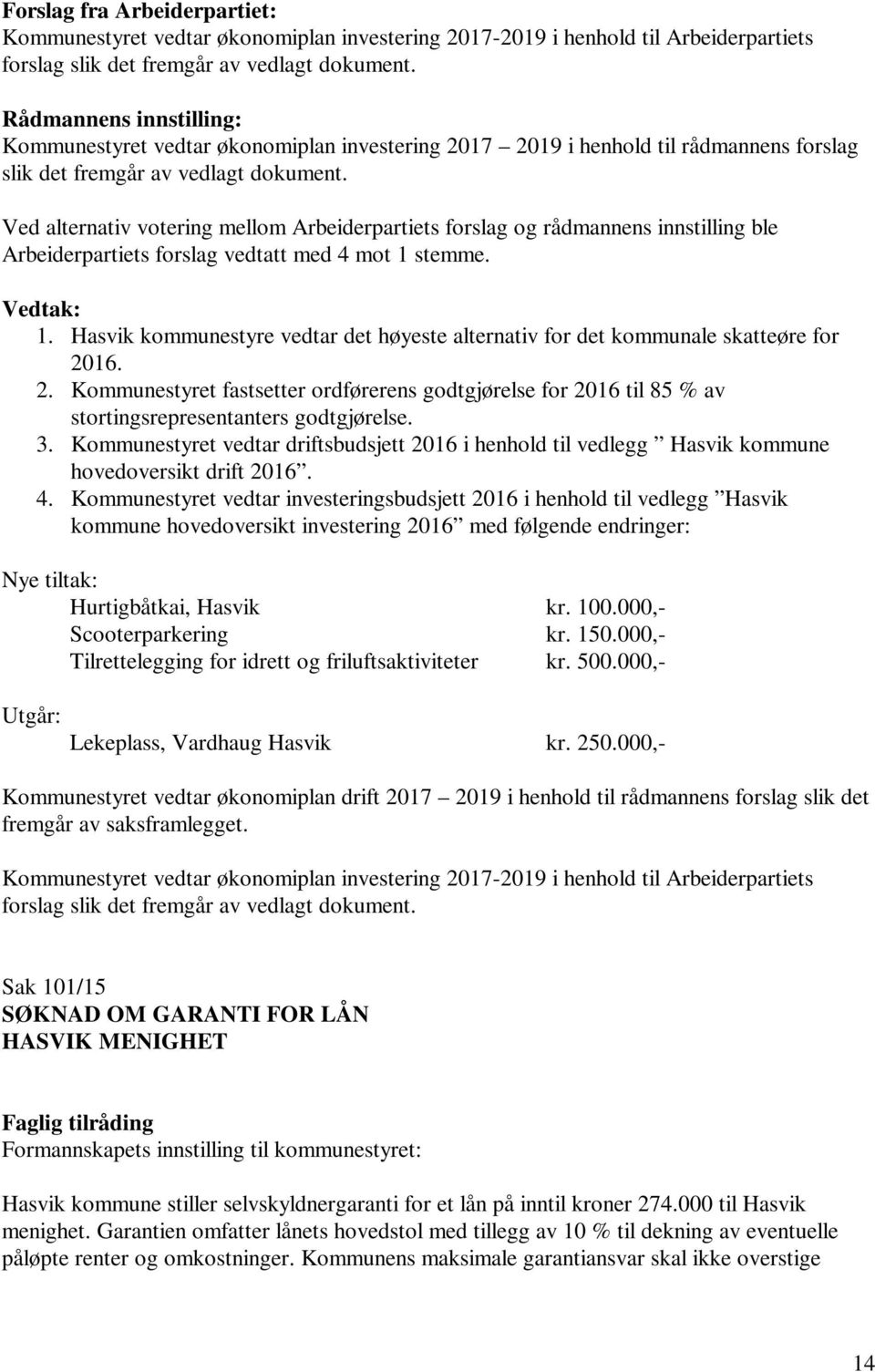 Ved alternativ votering mellom Arbeiderpartiets forslag og rådmannens innstilling ble Arbeiderpartiets forslag vedtatt med 4 mot 1 