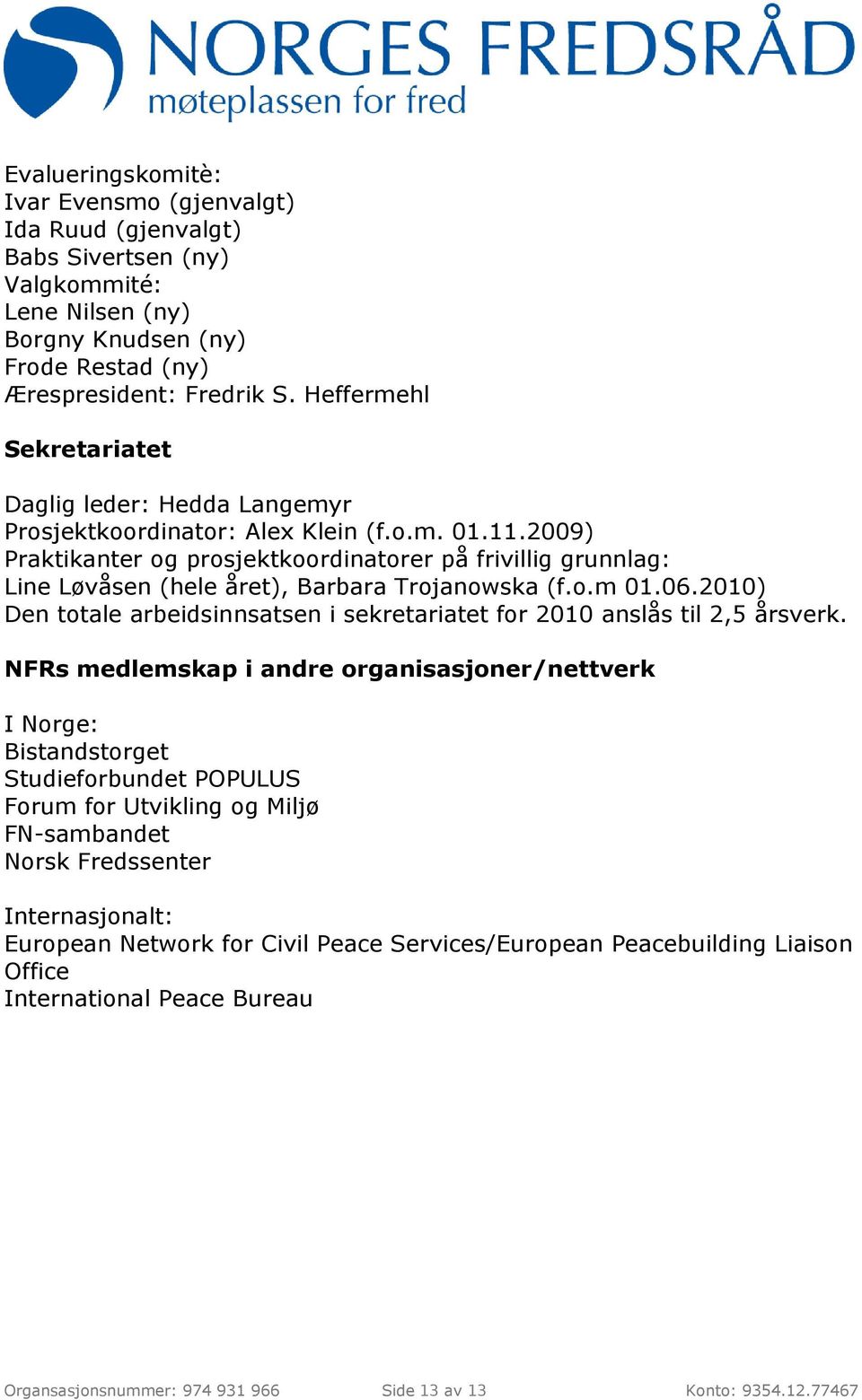 2009) Praktikanter og prosjektkoordinatorer på frivillig grunnlag: Line Løvåsen (hele året), Barbara Trojanowska (f.o.m 01.06.