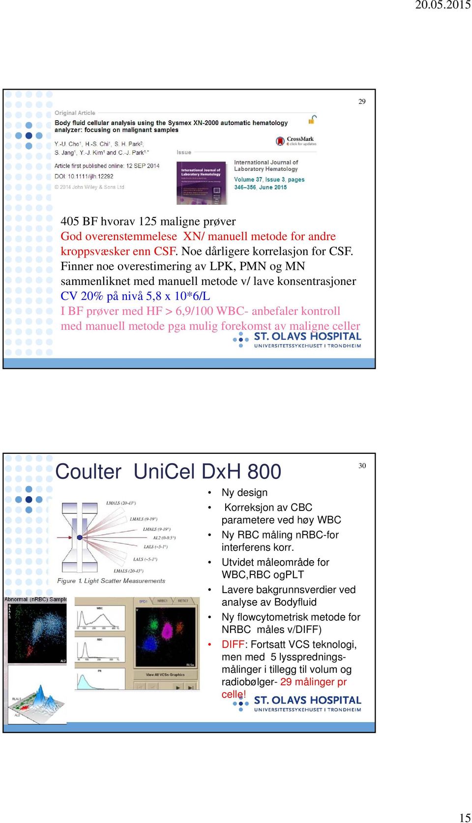 manuell metode pga mulig forekomst av maligne celler Coulter UniCel DxH 800 Ny design Korreksjon av CBC parametere ved høy WBC Ny RBC måling nrbc-for interferens korr.