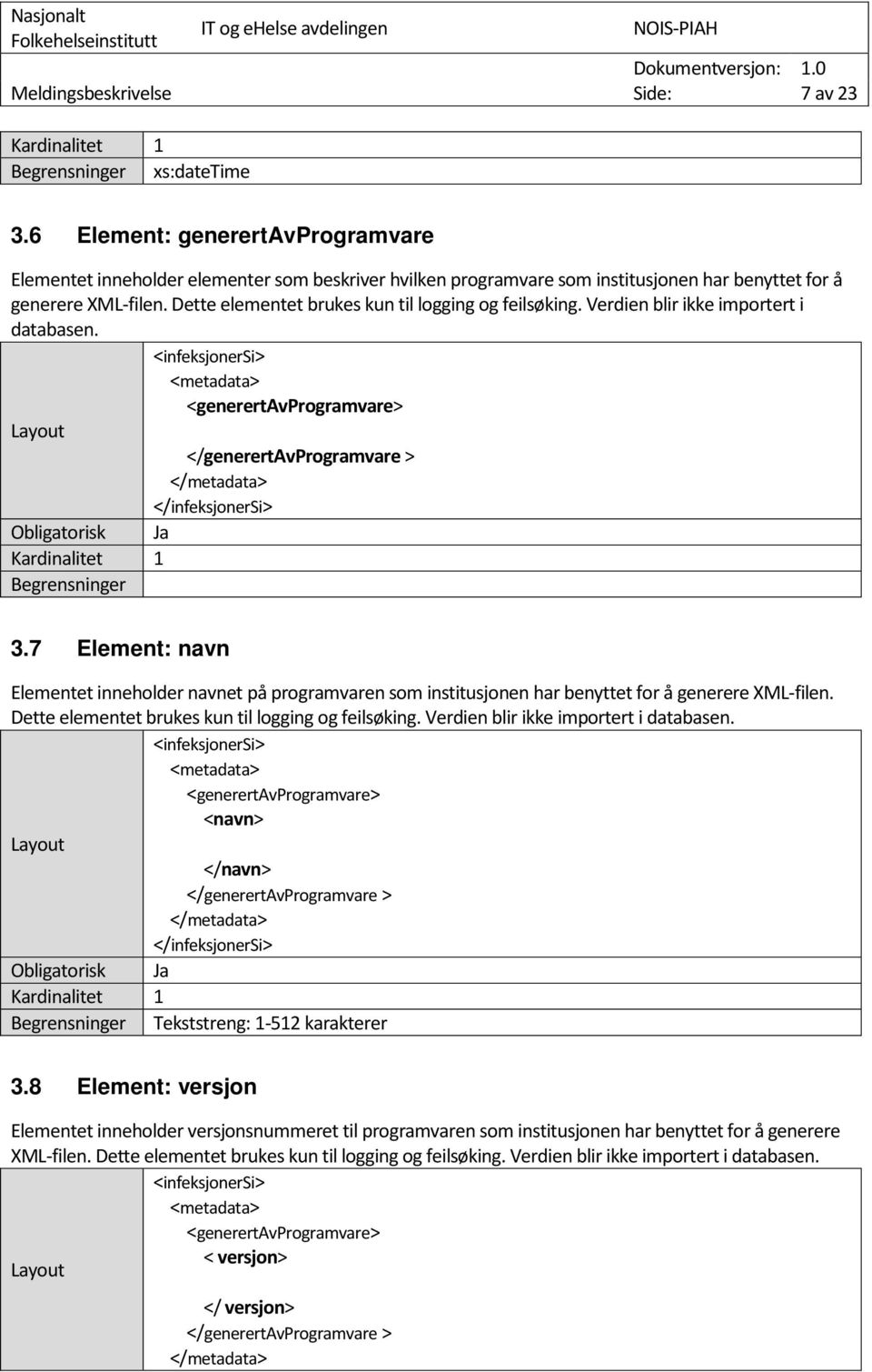 7 Element: navn Elementet inneholder navnet på programvaren som institusjonen har benyttet for å generere XML-filen. Dette elementet brukes kun til logging og feilsøking.