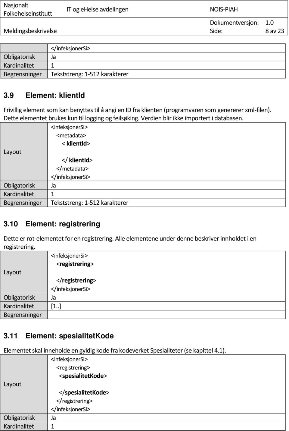 <metadata> < klientid> </ klientid> </metadata> Tekststreng: 1-512 karakterer 3.10 Element: registrering Dette er rot-elementet for en registrering.