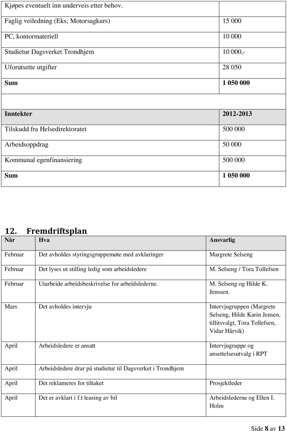 Helsedirektoratet 500 000 Arbeidsoppdrag 50 000 Kommunal egenfinansiering 500 000 Sum 1 050 000 12.