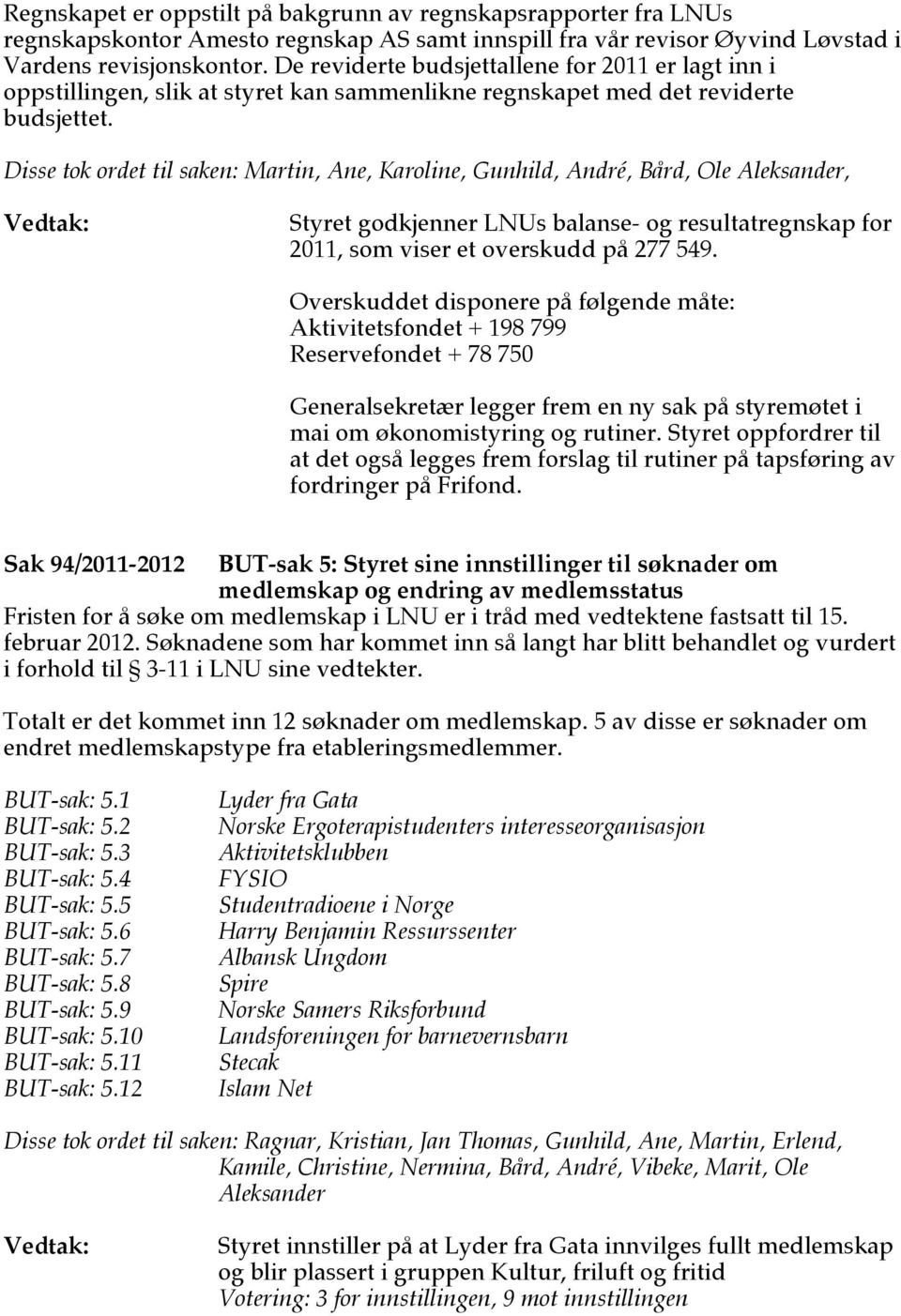 Disse tok ordet til saken: Martin, Ane, Karoline, Gunhild, André, Bård, Ole Aleksander, Styret godkjenner LNUs balanse- og resultatregnskap for 2011, som viser et overskudd på 277 549.