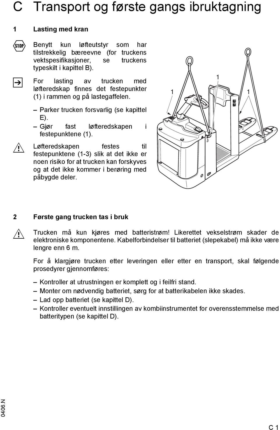 Løfteredskapen festes til festepunktene (1-3) slik at det ikke er noen risiko for at trucken kan forskyves og at det ikke kommer i berøring med påbygde deler.