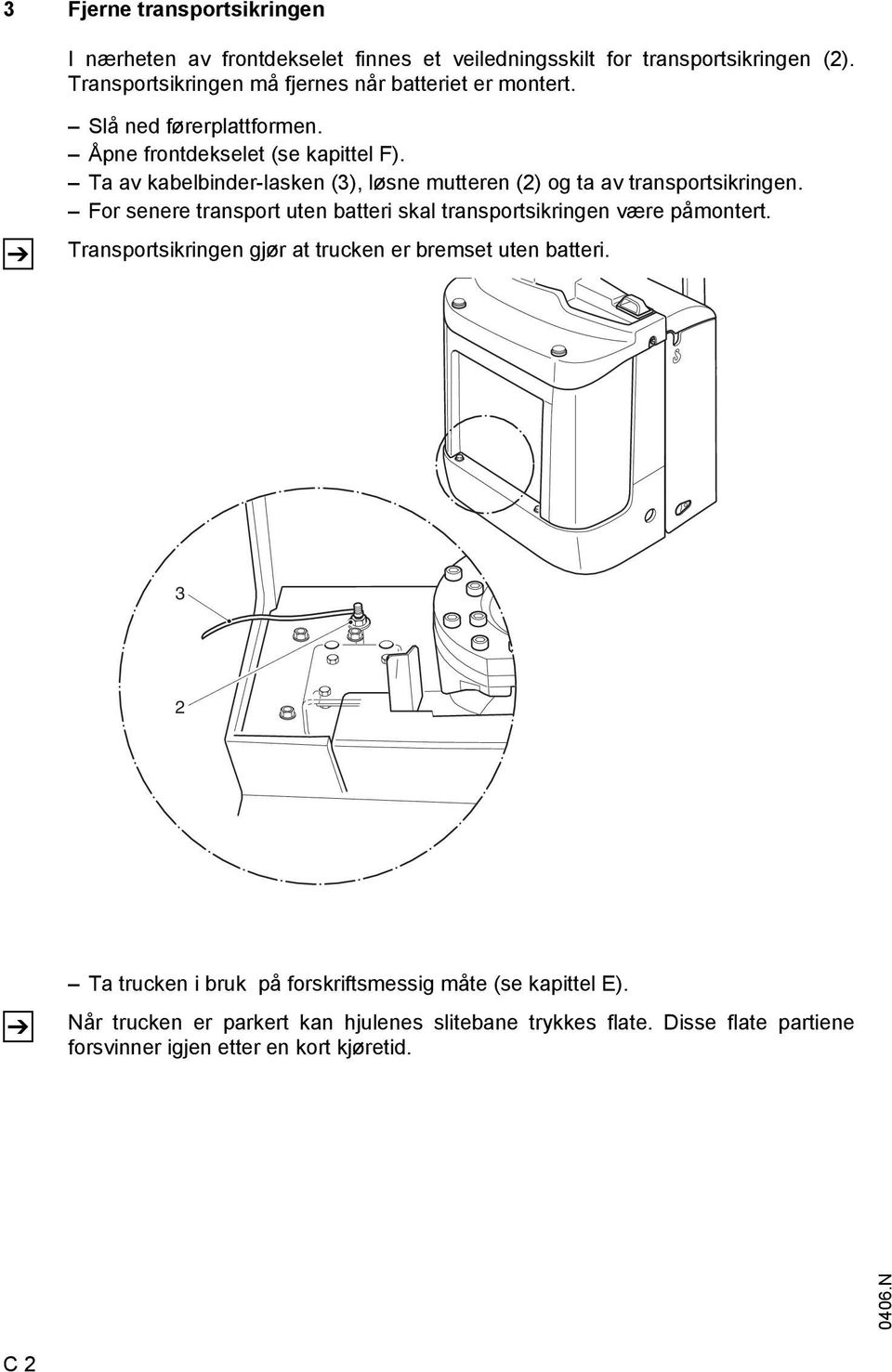 Ta av kabelbinder-lasken (3), løsne mutteren (2) og ta av transportsikringen. For senere transport uten batteri skal transportsikringen være påmontert.