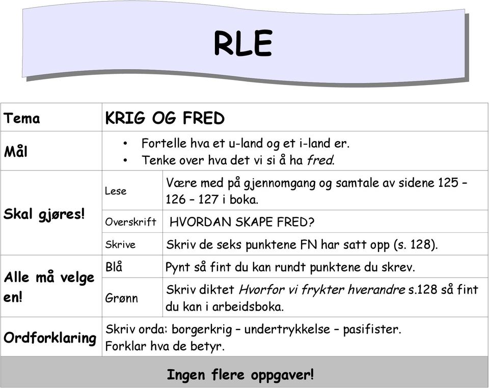 Skrive Skriv de seks punktene FN har satt opp (s. 128). Blå Grønn Pynt så fint du kan rundt punktene du skrev.