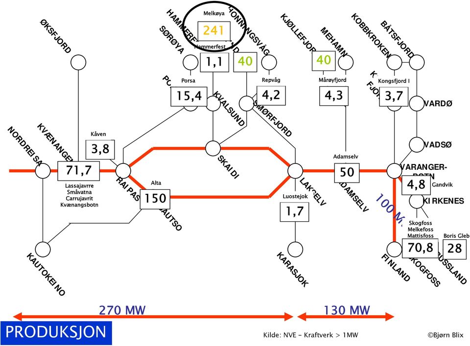 Lassajavrre Småvatna Carrujavrit Kvænangsbotn Kåven 3,8 Alta Porsa Repvåg Mårøyfjord Luostejok 100 MW 1,7 Adamselv Kongsfjord I 4,8 Skogfoss