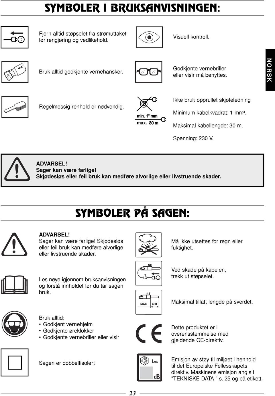 Spenning: 230 V. Sager kan være farlige! Skjødesløs eller feil bruk kan medføre alvorlige eller livstruende skader. SYMBOLER PÅ SAGEN: Sager kan være farlige!