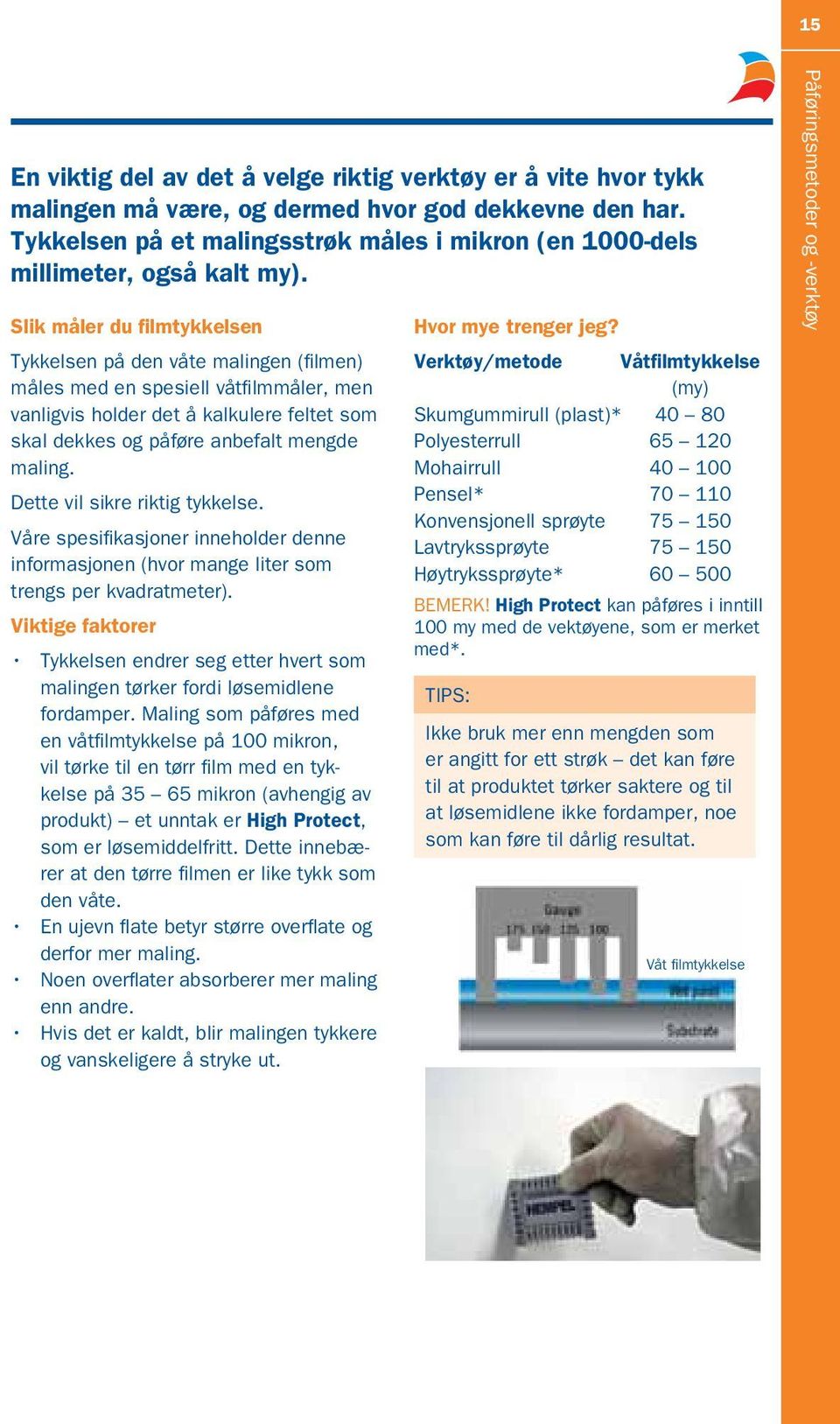 Slik måler du filmtykkelsen Tykkelsen på den våte malingen (filmen) måles med en spesiell våtfilmmåler, men vanligvis holder det å kalkulere feltet som skal dekkes og påføre anbefalt mengde maling.